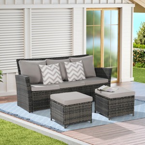3-Piece PE Rattan Patio Seating Set,Outdoor Patio Set With Thick Cushions,Patio Small Space Chat Set,Sofa And Ottoman -Maison Boucle - 1 of 4