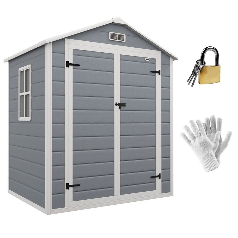 Outsunny Outdoor Storage Shed, 72" x 52.75" Garden Shed with Double Lockable Doors, Vent and Window, Plastic Utility Tool Shed, Gray, 1 of 7