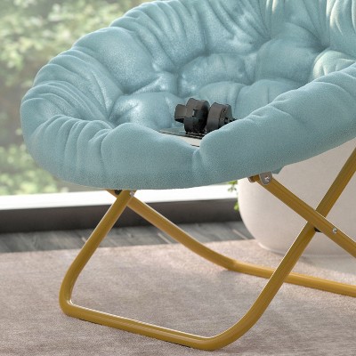 Dusty Aqua Faux Fur Oversized Folding Moon Chair with Gold Metal Frame