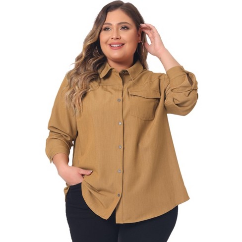 Agnes Orinda Women's Plus Size Business Casual Trendy Button Down Long  Sleeve Fall Denim Shirts Light Brown 3x : Target