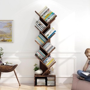 8-Tier Tree Bookcase with Storage, Tall Floor Standing Shelf for Living Room Bedroom Home Office, Multi-Functional Organizer with Wood Tone Finish - 1 of 4