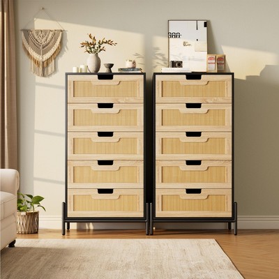 Rattan 5 Drawer Dresser, Wooden Chest of Drawer, Farmhouse Storage Cabinet with Metal Legs
