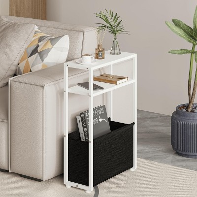 Narrow Side Table, Slim End Tables with Fabric Basket, Skinny Table for Small Spaces, Thin Bedside Table