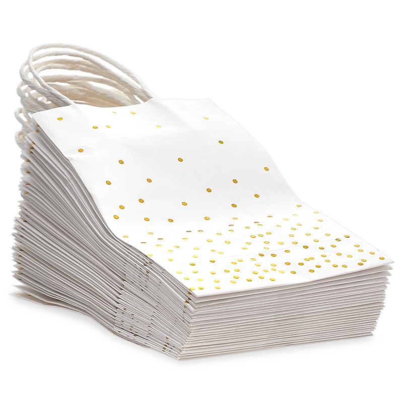 Sparkle and Bash 25 Pack Small Gift Bags with Handles - White Paper Bags with Gold Foil Polka Dots for Birthday, Wedding (5.5x3x9 In), 5 of 7