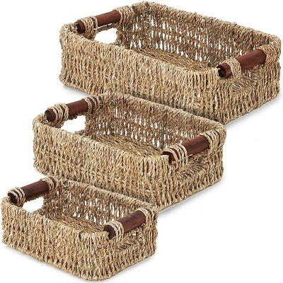 3-Pack Brown Rectangle Woven Wicker Storage Basket Container Organizer with Handles 6" / 7" / 8"