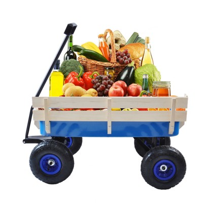 VisioGear Portable Outdoor Wagons with Wood Railing, Portable Carts for Children Kids, Blue, 39.37"*19.3"*24.8"