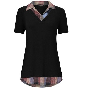 Clearlove Women's Long Sleeve Contrast Collared Shirts Patchwork Work Blouse Tunics Tops - 1 of 4