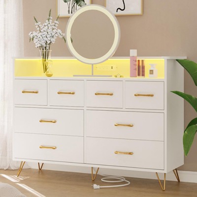 Dresser for Bedroom with LED Light & Power Outet, 8 Drawers Wooden Dressers with Open Space, Modern Chest of Wide Drawers