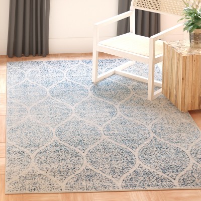 Elegant Cream/Turquoise 5' Square Synthetic Easy-Care Area Rug
