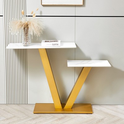 Modern Console Table, Metal & Wood Frame Entryway Storage Table, Luxury Narrow Table with Adjustable Foot Pads Home Decoration for Living Room