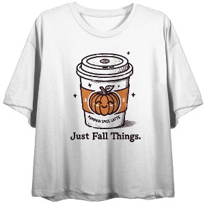 Pumpkin Spice Latte Just Fall Things Women’s White Crew Neck Short Sleeve Crop Top - 1 of 3