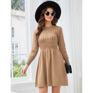 Women's 2025 Long Sleeve Mini Sweater Dress Crewneck Ribbed Knit a Line Pleated Swing Short Dresses - 1 of 4