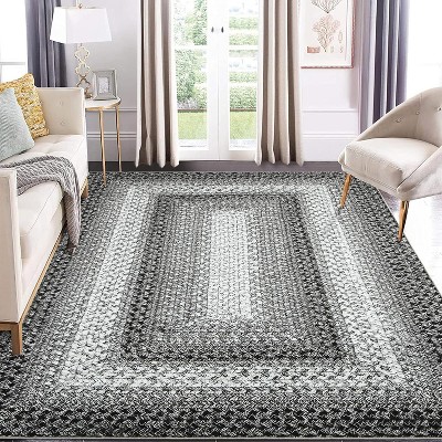 Braided Print Area Rug - Non-Slip Rustic Carpet for Living Room, Bedroom, Nursery - Aesthetic Distressed Accent Mat