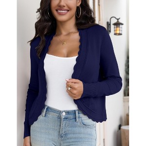 Womens Cardigan Long Sleeve Cropped Open Front Wave Edge Casual Knit Top Royal Blue M - 1 of 3