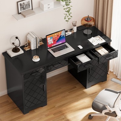 Executive Desk with Drawers, 55" Computer Desk with Power Outlets and Cabinet