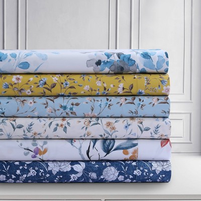 Twin Blue Organic Cotton Floral Deep Pocket Sheet Set