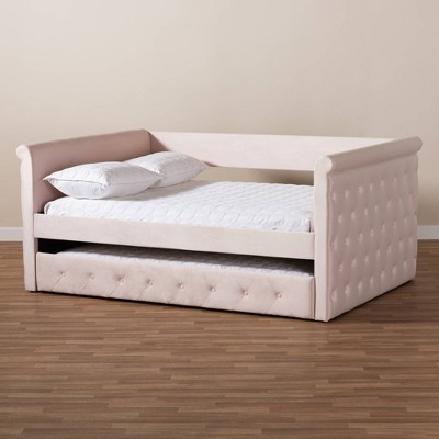Light Pink Velvet Queen Daybed with Trundle and Tufted Upholstery