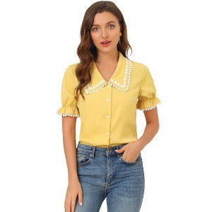 INSPIRE CHIC Women's Sweet Peter Pan Contrast Collar Short Sleeves Button Up Shirts - 1 of 4