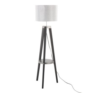 Compass Mid-Century Modern Floor Lamp with Shelf in Black Wood, Silver Metal and Grey Linen by LumiSource - 1 of 1