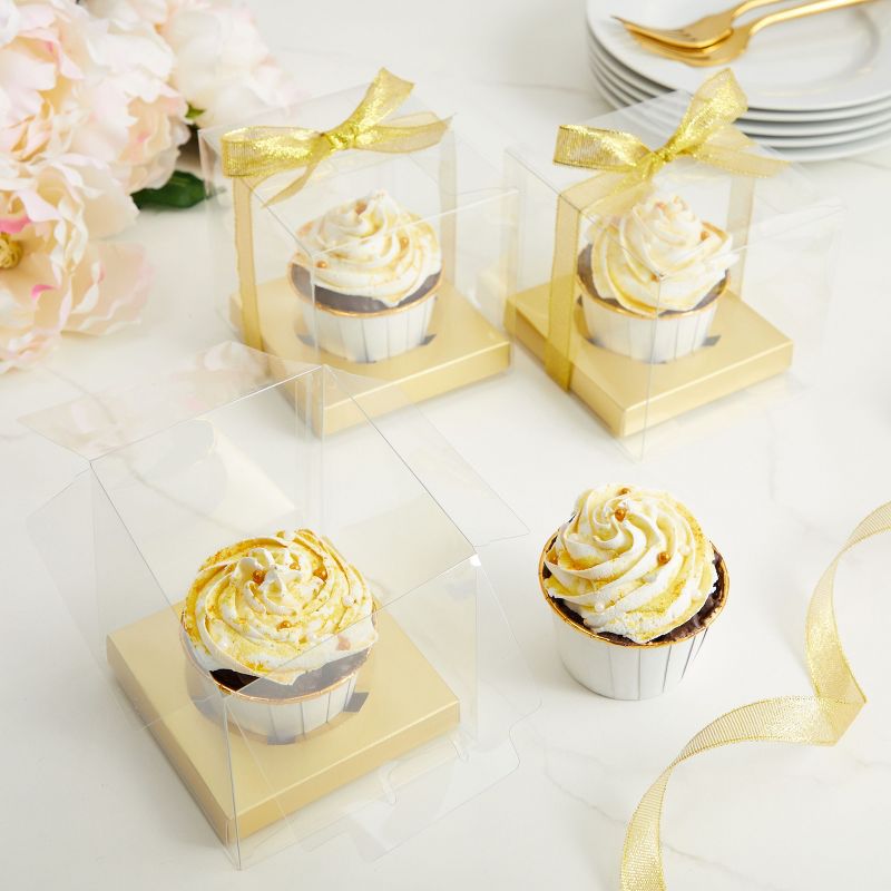 Sparkle and Bash 24 Pack Individual Cupcake Boxes Containers, Cupcake Carrier Holder with Gold Ribbon for Wedding Party Favors, 2 of 10