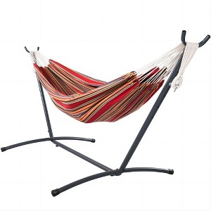 SUGIFT 2-Person Brazilian-Style Cotton Double Hammock with Stand Set with Carrying Bag - Red Stripes - 1 of 4