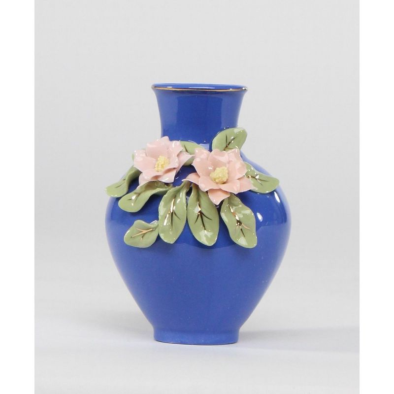 Kevins Gift Shoppe Mini Size Ceramic Columbine Flowers on Blue Vase, 1 of 5