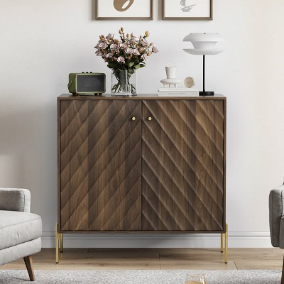 Mid-Century Modern Sideboard Buffet with Storage Cabinets and Wave Pattern Doors, Adjustable Shelves for Entryway or Dining Room-Tanpinhause