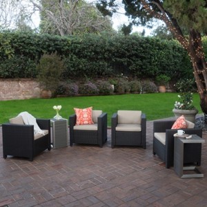 Christopher Knight Home Puerta Outdoor Wicker 4 Seater Club Chair Set with 2 C-Shaped Tables - 1 of 4