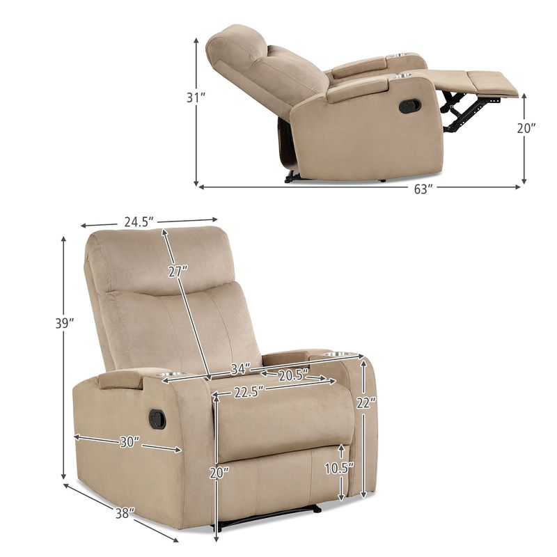 Costway Recliner Chair Single Sofa Lounger with Arm Storage & Cup Holder Coffee\Grey\Brown, 3 of 11