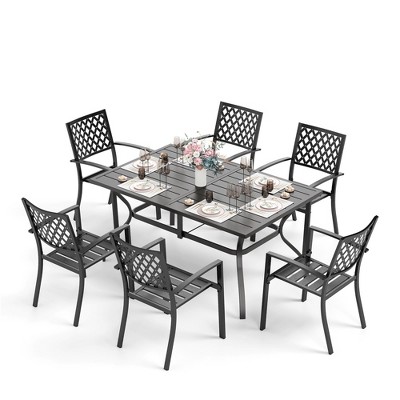 Captiva Designs 7pc Patio Dining Set with Slat-top Rectangle Steel Table & Metal Stackable Chairs