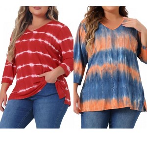 Women's Plus Size 2 Pieces Tie Dye Side Slit 3/4 Sleeve V Neck Casual Stripe Blouse - Agnes Orinda - 1 of 4