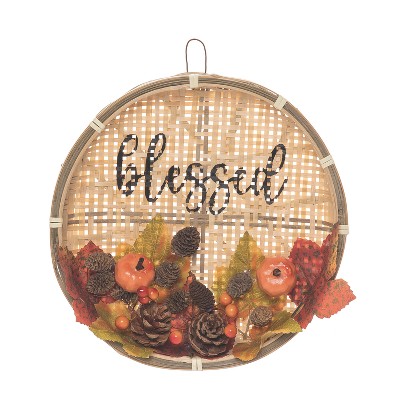Transpac Wood 10.24 in. Multicolor Harvest Rattan Blessed Basket Wreath
