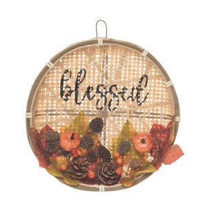 Transpac Wood 10.24 in. Multicolor Harvest Rattan Blessed Basket Wreath - 1 of 4