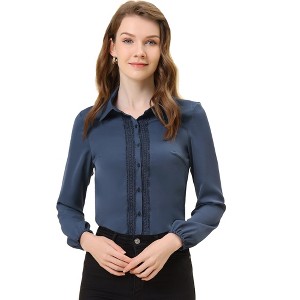 Allegra K Women's Office Solid Turn Down Collar Lace Trim Long Sleeve Button Down Shirt - 1 of 4