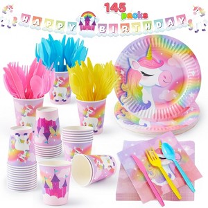 Joyfy 145Pcs Unicorn Party Supplies for Kids Birthday with Banner 24 Serves Disposable Tableware Set Birthday Party Decoration for Girls 2 3 4 5 6 7 8 - 1 of 4