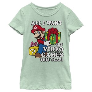 Girl's Nintendo Christmas Mario All I Want Are Video Games T-Shirt - 1 of 3