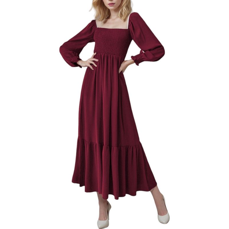 Anna-Kaci Women's Square Neck Shirred Ruffle Hem Long Sleeve Maxi Dress, 1 of 5