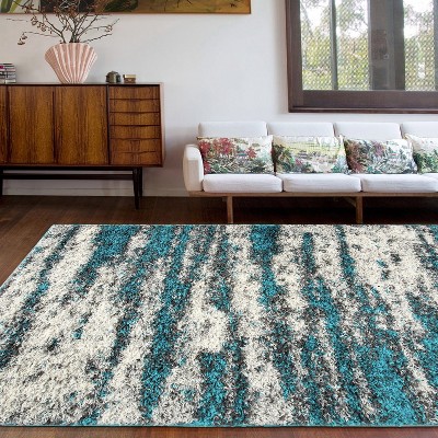 Turquoise Shag Abstract 5' x 7' Easy-Care Synthetic Area Rug