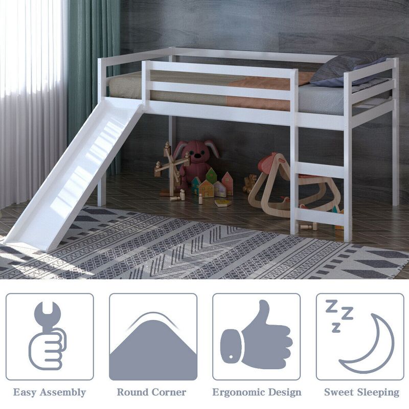 Tangkula Twin Size Loft Bed with Slide Wood Low Sturdy Loft Bed for Kids Bedroom White, 4 of 11
