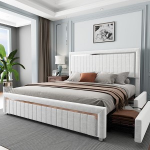 AMERLIFE Upholstered Platform LED Bed Frame with 4 Storage Drawers, Adjustable Headboard with Vertical Channel Design - 1 of 4
