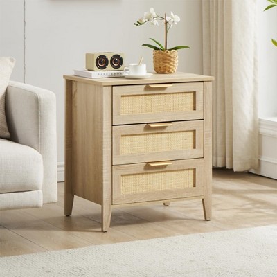Whizmax Rattan Nightstand, Night Stand with 3 Drawers, Farmhouse End Table with Metal Handle, Bedside Table for Bedroom Living Room Small Space