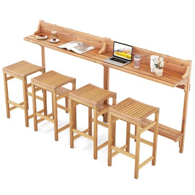 Tangkula 6 PCS Acacia Wood Balcony Table Set w/ Shelf Footrest Curved Wood Seat