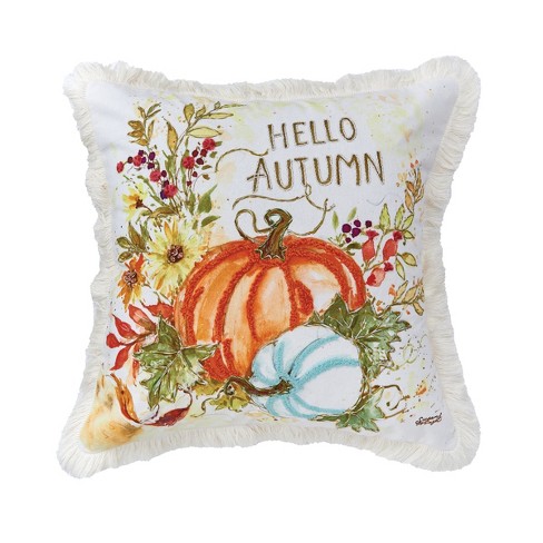 Fall Season Decorative Single Throw Pillow Hello Autumn 18 in. x 18 in. White & Orange Square Thanksgiving for Couch, Bedding, Size: 18 x 18