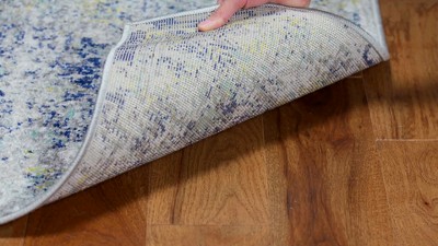 Light Grey and Blue Floral Motif Medium Pile Runner Rug