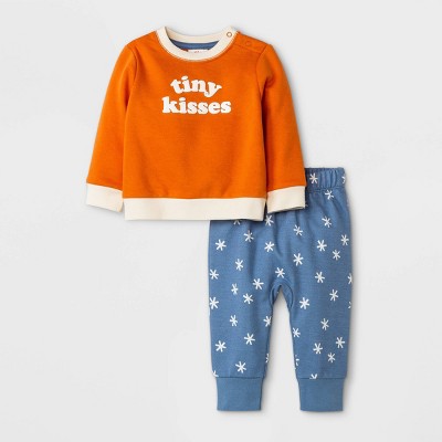 Baby Boys' 2pc Tiny Kisses Fleece Top & Bottom Set - Cat & Jack™ Orange Newborn