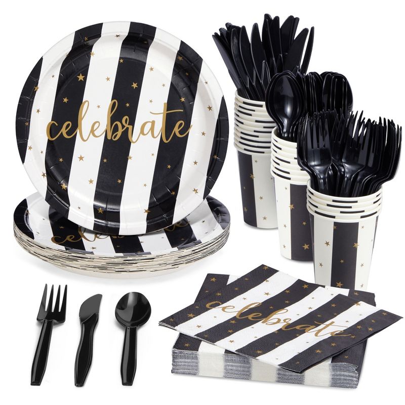 Juvale 144 Piece Black and White Party Supplies - Serves 24 Striped Plates, Napkins, Cups and Cutlery for Birthday, Graduation, 1 of 10