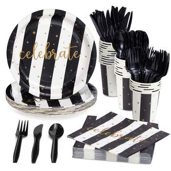 Juvale 144 Piece Black and White Party Supplies - Serves 24 Striped Plates, Napkins, Cups and Cutlery for Birthday, Graduation