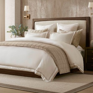 AENKYO Full/Queen Linen Blend Duvet Cover Set, 3-Piece Double Flange Luxury Bedding in White+Beige, Premium Touch Collection - 1 of 4