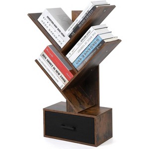Homhougo Tree Bookshelf with Drawer, 4 Shelf Retro Floor Standing Bookcase, Tall Wood Book Storage Rack, Utility Book Organizer Shelves, Brown - 1 of 4