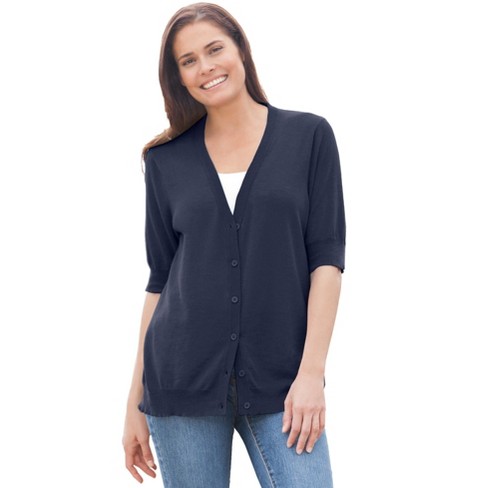 Woman Within Women s Plus Size Lightweight Short Sleeve V Neck Cardigan 1X Navy